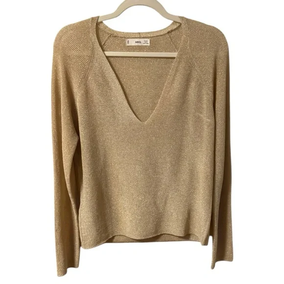 Mango Kling Metallic V Neck Jumper in Gold Lightweight Top Womens Large Shimmer - Picture 5 of 10